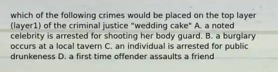 which of the following crimes would be placed on the top layer (layer1) of the criminal justice "wedding cake" A. a noted celebrity is arrested for shooting her body guard. B. a burglary occurs at a local tavern C. an individual is arrested for public drunkeness D. a first time offender assaults a friend