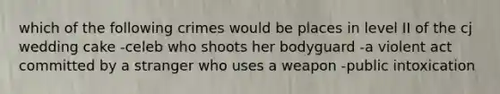 which of the following crimes would be places in level II of the cj wedding cake -celeb who shoots her bodyguard -a violent act committed by a stranger who uses a weapon -public intoxication