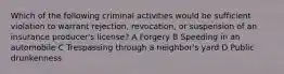 Which of the following criminal activities would be sufficient violation to warrant rejection, revocation, or suspension of an insurance producer's license? A Forgery B Speeding in an automobile C Trespassing through a neighbor's yard D Public drunkenness