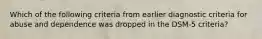 Which of the following criteria from earlier diagnostic criteria for abuse and dependence was dropped in the DSM-5 criteria?