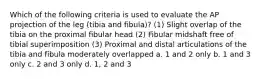 Which of the following criteria is used to evaluate the AP projection of the leg (tibia and fibula)? (1) Slight overlap of the tibia on the proximal fibular head (2) Fibular midshaft free of tibial superimposition (3) Proximal and distal articulations of the tibia and fibula moderately overlapped a. 1 and 2 only b. 1 and 3 only c. 2 and 3 only d. 1, 2 and 3