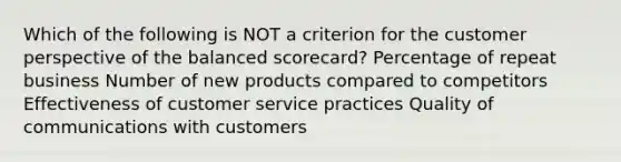 Which of the following is NOT a criterion for the customer perspective of the balanced scorecard? Percentage of repeat business Number of new products compared to competitors Effectiveness of customer service practices Quality of communications with customers