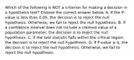 Which of the following is NOT a criterion for making a decision in a hypothesis​ test? Choose the correct answer below. A. If the​ P-value is less than​ 0.05, the decision is to reject the null hypothesis.​ Otherwise, we fail to reject the null hypothesis. B. If a confidence interval does not include a claimed value of a population​ parameter, the decision is to reject the null hypothesis. C. If the test statistic falls within the critical​ region, the decision is to reject the null hypothesis. D. If ​P-value ≤ α​, the decision is to reject the null hypothesis.​ Otherwise, we fail to reject the null hypothesis.