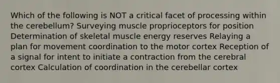 Which of the following is NOT a critical facet of processing within the cerebellum? Surveying muscle proprioceptors for position Determination of skeletal muscle energy reserves Relaying a plan for movement coordination to the motor cortex Reception of a signal for intent to initiate a contraction from the cerebral cortex Calculation of coordination in the cerebellar cortex