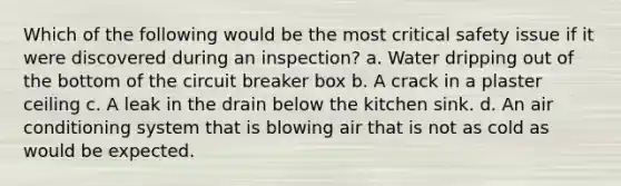 Which of the following would be the most critical safety issue if it were discovered during an inspection? a. Water dripping out of the bottom of the circuit breaker box b. A crack in a plaster ceiling c. A leak in the drain below the kitchen sink. d. An air conditioning system that is blowing air that is not as cold as would be expected.