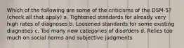 Which of the following are some of the criticisms of the DSM-5? (check all that apply) a. Tightened standards for already very high rates of diagnoses b. Loosened standards for some existing diagnoses c. Too many new categories of disorders d. Relies too much on social norms and subjective judgments