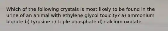 Which of the following crystals is most likely to be found in the urine of an animal with ethylene glycol toxicity? a) ammonium biurate b) tyrosine c) triple phosphate d) calcium oxalate