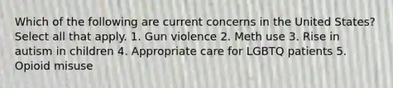 Which of the following are current concerns in the United States? Select all that apply. 1. Gun violence 2. Meth use 3. Rise in autism in children 4. Appropriate care for LGBTQ patients 5. Opioid misuse