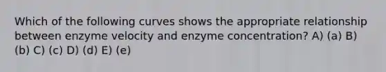 Which of the following curves shows the appropriate relationship between enzyme velocity and enzyme concentration? A) (a) B) (b) C) (c) D) (d) E) (e)