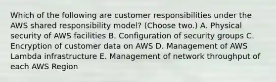 Which of the following are customer responsibilities under the AWS shared responsibility model? (Choose two.) A. Physical security of AWS facilities B. Configuration of security groups C. Encryption of customer data on AWS D. Management of AWS Lambda infrastructure E. Management of network throughput of each AWS Region