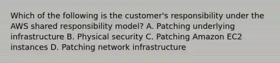 Which of the following is the customer's responsibility under the AWS shared responsibility model? A. Patching underlying infrastructure B. Physical security C. Patching Amazon EC2 instances D. Patching network infrastructure