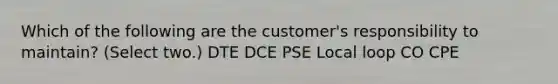 Which of the following are the customer's responsibility to maintain? (Select two.) DTE DCE PSE Local loop CO CPE