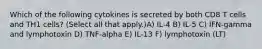 Which of the following cytokines is secreted by both CD8 T cells and TH1 cells? (Select all that apply.)A) IL-4 B) IL-5 C) IFN-gamma and lymphotoxin D) TNF-alpha E) IL-13 F) lymphotoxin (LT)