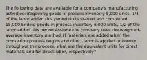 The following data are available for a company's manufacturing activities: Beginning goods in process inventory 5,000 units, 1/4 of the labor added this period Units started and completed 15,000 Ending goods in process inventory 6,000 units, 1/2 of the labor added this period Assume the company uses the weighted-average inventory method. If materials are added when the production process begins and direct labor is applied uniformly throughout the process, what are the equivalent units for direct materials and for direct labor, respectively?