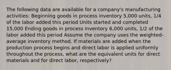 The following data are available for a company's manufacturing activities: Beginning goods in process inventory 5,000 units, 1/4 of the labor added this period Units started and completed 15,000 Ending goods in process inventory 6,000 units, 1/2 of the labor added this period Assume the company uses the weighted-average inventory method. If materials are added when the production process begins and direct labor is applied uniformly throughout the process, what are the equivalent units for direct materials and for direct labor, respectively?