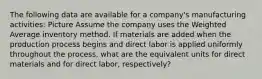 The following data are available for a company's manufacturing activities: Picture Assume the company uses the Weighted Average inventory method. If materials are added when the production process begins and direct labor is applied uniformly throughout the process, what are the equivalent units for direct materials and for direct labor, respectively?