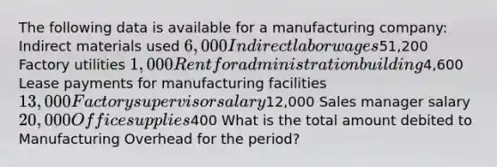 The following data is available for a manufacturing company: Indirect materials used 6,000 Indirect labor wages51,200 Factory utilities 1,000 Rent for administration building4,600 Lease payments for manufacturing facilities 13,000 Factory supervisor salary12,000 Sales manager salary 20,000 Office supplies400 What is the total amount debited to Manufacturing Overhead for the period?