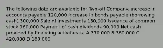 The following data are available for Two-off Company. increase in accounts payable 120,000 increase in bonds payable (borrowing cash) 300,000 Sale of investments 150,000 Issuance of common stock 160,000 Payment of cash dividends 90,000 Net cash provided by financing activities is: A 370,000 B 360,000 C 420,000 D 180,000