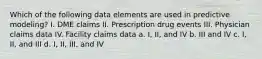 Which of the following data elements are used in predictive modeling? I. DME claims II. Prescription drug events III. Physician claims data IV. Facility claims data a. I, II, and IV b. III and IV c. I, II, and III d. I, II, III, and IV