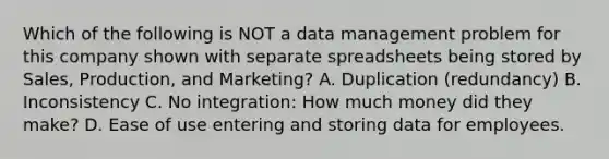 Which of the following is NOT a data management problem for this company shown with separate spreadsheets being stored by Sales, Production, and Marketing? A. Duplication (redundancy) B. Inconsistency C. No integration: How much money did they make? D. Ease of use entering and storing data for employees.