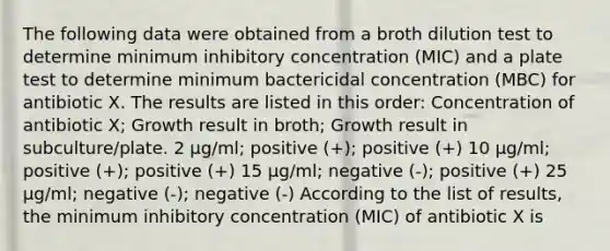 The following data were obtained from a broth dilution test to determine minimum inhibitory concentration (MIC) and a plate test to determine minimum bactericidal concentration (MBC) for antibiotic X. The results are listed in this order: Concentration of antibiotic X; Growth result in broth; Growth result in subculture/plate. 2 μg/ml; positive (+); positive (+) 10 μg/ml; positive (+); positive (+) 15 μg/ml; negative (-); positive (+) 25 μg/ml; negative (-); negative (-) According to the list of results, the minimum inhibitory concentration (MIC) of antibiotic X is