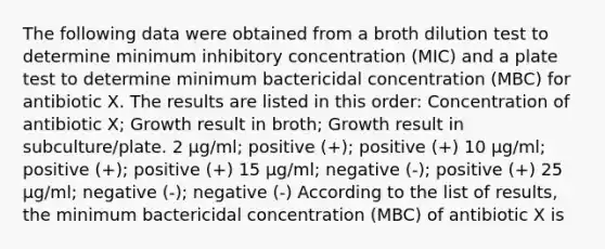 The following data were obtained from a broth dilution test to determine minimum inhibitory concentration (MIC) and a plate test to determine minimum bactericidal concentration (MBC) for antibiotic X. The results are listed in this order: Concentration of antibiotic X; Growth result in broth; Growth result in subculture/plate. 2 μg/ml; positive (+); positive (+) 10 μg/ml; positive (+); positive (+) 15 μg/ml; negative (-); positive (+) 25 μg/ml; negative (-); negative (-) According to the list of results, the minimum bactericidal concentration (MBC) of antibiotic X is