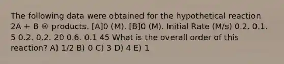 The following data were obtained for the hypothetical reaction 2A + B ® products. [A]0 (M). [B]0 (M). Initial Rate (M/s) 0.2. 0.1. 5 0.2. 0.2. 20 0.6. 0.1 45 What is the overall order of this reaction? A) 1/2 B) 0 C) 3 D) 4 E) 1