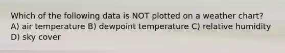 Which of the following data is NOT plotted on a weather chart? A) air temperature B) dewpoint temperature C) relative humidity D) sky cover