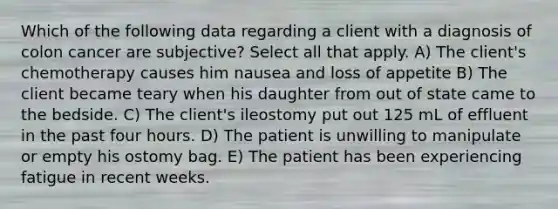 Which of the following data regarding a client with a diagnosis of colon cancer are subjective? Select all that apply. A) The client's chemotherapy causes him nausea and loss of appetite B) The client became teary when his daughter from out of state came to the bedside. C) The client's ileostomy put out 125 mL of effluent in the past four hours. D) The patient is unwilling to manipulate or empty his ostomy bag. E) The patient has been experiencing fatigue in recent weeks.