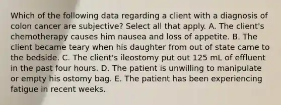 Which of the following data regarding a client with a diagnosis of colon cancer are subjective? Select all that apply. A. The client's chemotherapy causes him nausea and loss of appetite. B. The client became teary when his daughter from out of state came to the bedside. C. The client's ileostomy put out 125 mL of effluent in the past four hours. D. The patient is unwilling to manipulate or empty his ostomy bag. E. The patient has been experiencing fatigue in recent weeks.