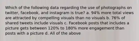 Which of the following data regarding the use of photographs on twitter, facebook, and instagram is true? a. 94% more total views are attracted by compelling visuals than no visuals b. 76% of shared tweets include visuals c. Facebook posts that includes a picture gets between 120% to 180% more engagement than posts with a picture d. All of the above