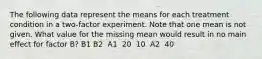 The following data represent the means for each treatment condition in a two-factor experiment. Note that one mean is not given. What value for the missing mean would result in no main effect for factor B? B1 B2 ​ A1 ​ 20 ​ 10 ​ A2 ​ 40