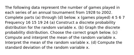 The following data represent the number of games played in each series of an annual tournament from 1928 to 2002. Complete parts​ (a) through​ (d) below. x​ (games played) 4 5 6 7 Frequency 16 15 19 24 ​(a) Construct a discrete probability distribution for the random variable x. ​(b) Graph the discrete probability distribution. Choose the correct graph below. ​(c) Compute and interpret the mean of the random variable x. Interpret the mean of the random variable x. ​(d) Compute the standard deviation of the random variable x.