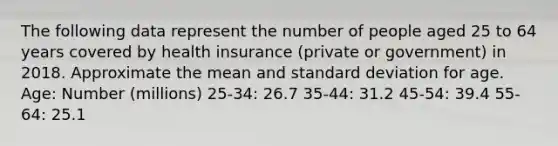 The following data represent the number of people aged 25 to 64 years covered by health insurance​ (private or​ government) in 2018. Approximate the mean and standard deviation for age. Age: Number (millions) ​25-34: 26.7 ​35-44: 31.2 ​45-54: 39.4 ​55-64: 25.1