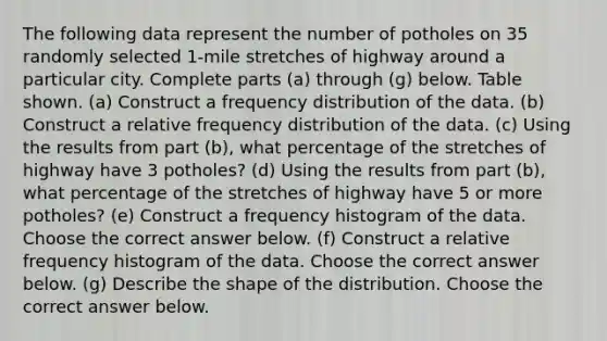 The following data represent the number of potholes on 35 randomly selected​ 1-mile stretches of highway around a particular city. Complete parts​ (a) through​ (g) below. Table shown. (a) Construct a frequency distribution of the data. (b) Construct a relative frequency distribution of the data. (c) Using the results from part (b), what percentage of the stretches of highway have 3 potholes? (d) Using the results from part (b), what percentage of the stretches of highway have 5 or more potholes? (e) Construct a frequency histogram of the data. Choose the correct answer below. (f) Construct a relative frequency histogram of the data. Choose the correct answer below. (g) Describe the shape of the distribution. Choose the correct answer below.