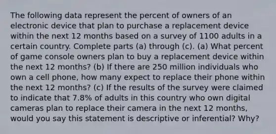 The following data represent the percent of owners of an electronic device that plan to purchase a replacement device within the next 12 months based on a survey of 1100 adults in a certain country. Complete parts ​(a) through (c). (a) What percent of game console owners plan to buy a replacement device within the next 12 months? (b) If there are 250 million individuals who own a cell phone, how many expect to replace their phone within the next 12 months? (c) If the results of the survey were claimed to indicate that 7.8% of adults in this country who own digital cameras plan to replace their camera in the next 12 months, would you say this statement is descriptive or inferential? Why?