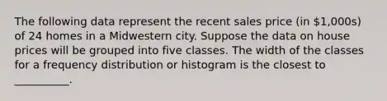 The following data represent the recent sales price (in 1,000s) of 24 homes in a Midwestern city. Suppose the data on house prices will be grouped into five classes. The width of the classes for a frequency distribution or histogram is the closest to __________.