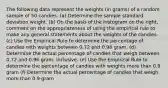 The following data represent the weights​ (in grams) of a random sample of 50 candies. ​(a) Determine the sample standard deviation weight. ​(b) On the basis of the histogram on the​ right, comment on the appropriateness of using the empirical rule to make any general statements about the weights of the candies. ​(c) Use the Empirical Rule to determine the percentage of candies with weights between 0.72 and 0.96 gram. (d) Determine the actual percentage of candies that weigh between 0.72 and 0.96 gram, inclusive. ​(e) Use the Empirical Rule to determine the percentage of candies with weights more than 0.9 gram ​(f) Determine the actual percentage of candies that weigh more than 0.9 gram