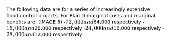 The following data are for a series of increasingly extensive flood-control projects. For Plan D marginal costs and marginal benefits are: (IMAGE 3) -72,000 and64,000 respectively -16,000 and28,000 respectively -24,000 and18,000 respectively -28,000 and12,000 respectively