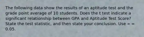 The following data show the results of an aptitude test and the grade point average of 10 students. Does the t test indicate a significant relationship between GPA and Aptitude Test Score? State the test statistic, and then state your conclusion. Use ∝ = 0.05.