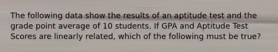 The following data show the results of an aptitude test and the grade point average of 10 students. If GPA and Aptitude Test Scores are linearly related, which of the following must be true?