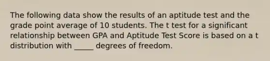 The following data show the results of an aptitude test and the grade point average of 10 students. The t test for a significant relationship between GPA and Aptitude Test Score is based on a t distribution with _____ degrees of freedom.