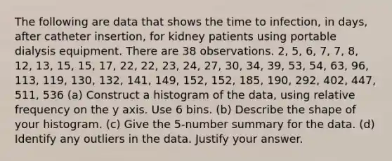 The following are data that shows the time to infection, in days, after catheter insertion, for kidney patients using portable dialysis equipment. There are 38 observations. 2, 5, 6, 7, 7, 8, 12, 13, 15, 15, 17, 22, 22, 23, 24, 27, 30, 34, 39, 53, 54, 63, 96, 113, 119, 130, 132, 141, 149, 152, 152, 185, 190, 292, 402, 447, 511, 536 (a) Construct a histogram of the data, using relative frequency on the y axis. Use 6 bins. (b) Describe the shape of your histogram. (c) Give the 5-number summary for the data. (d) Identify any outliers in the data. Justify your answer.