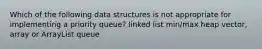 Which of the following data structures is not appropriate for implementing a priority queue? linked list min/max heap vector, array or ArrayList queue