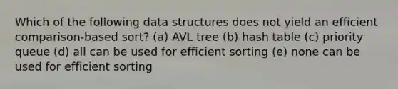 Which of the following data structures does not yield an efficient comparison-based sort? (a) AVL tree (b) hash table (c) priority queue (d) all can be used for efficient sorting (e) none can be used for efficient sorting