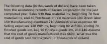 The following data (in thousands of dollars) have been taken from the accounting records of Karsen Corporation for the just completed year. Sales 930 Raw material inv, beginning 70 Raw material inv, end 40 Purchases of raw materials 190 Direct labor 150 Manufacturing overhead 210 Administrative expenses 90 Selling expenses 120 WIP inv, beginning 80 WIP inv, ending 70 Finished goods inv, beg 90 Finished goods inv, end 140 Assume that the cost of goods manufactured was 690. What was the cost of goods sold for the year? (in thousands of dollars)