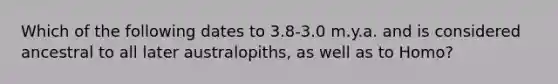 Which of the following dates to 3.8-3.0 m.y.a. and is considered ancestral to all later australopiths, as well as to Homo?