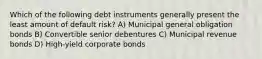 Which of the following debt instruments generally present the least amount of default risk? A) Municipal general obligation bonds B) Convertible senior debentures C) Municipal revenue bonds D) High-yield corporate bonds