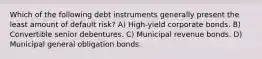 Which of the following debt instruments generally present the least amount of default risk? A) High-yield corporate bonds. B) Convertible senior debentures. C) Municipal revenue bonds. D) Municipal general obligation bonds.