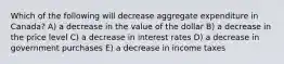 Which of the following will decrease aggregate expenditure in Canada? A) a decrease in the value of the dollar B) a decrease in the price level C) a decrease in interest rates D) a decrease in government purchases E) a decrease in income taxes